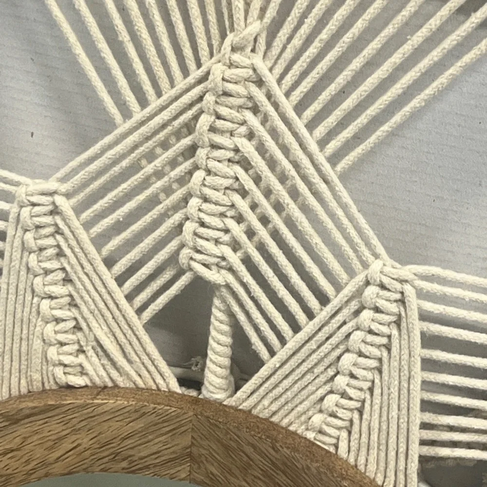 NWT Mirror Handcrafted Macrame Geometric & Solid Wood Round Mirror 26”